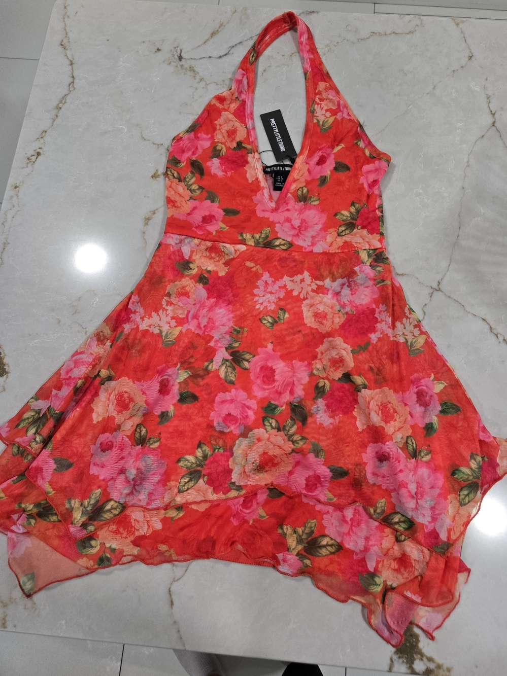 PrettyLittleThing Red and Pink Floral Asymmetrical Halter Dress